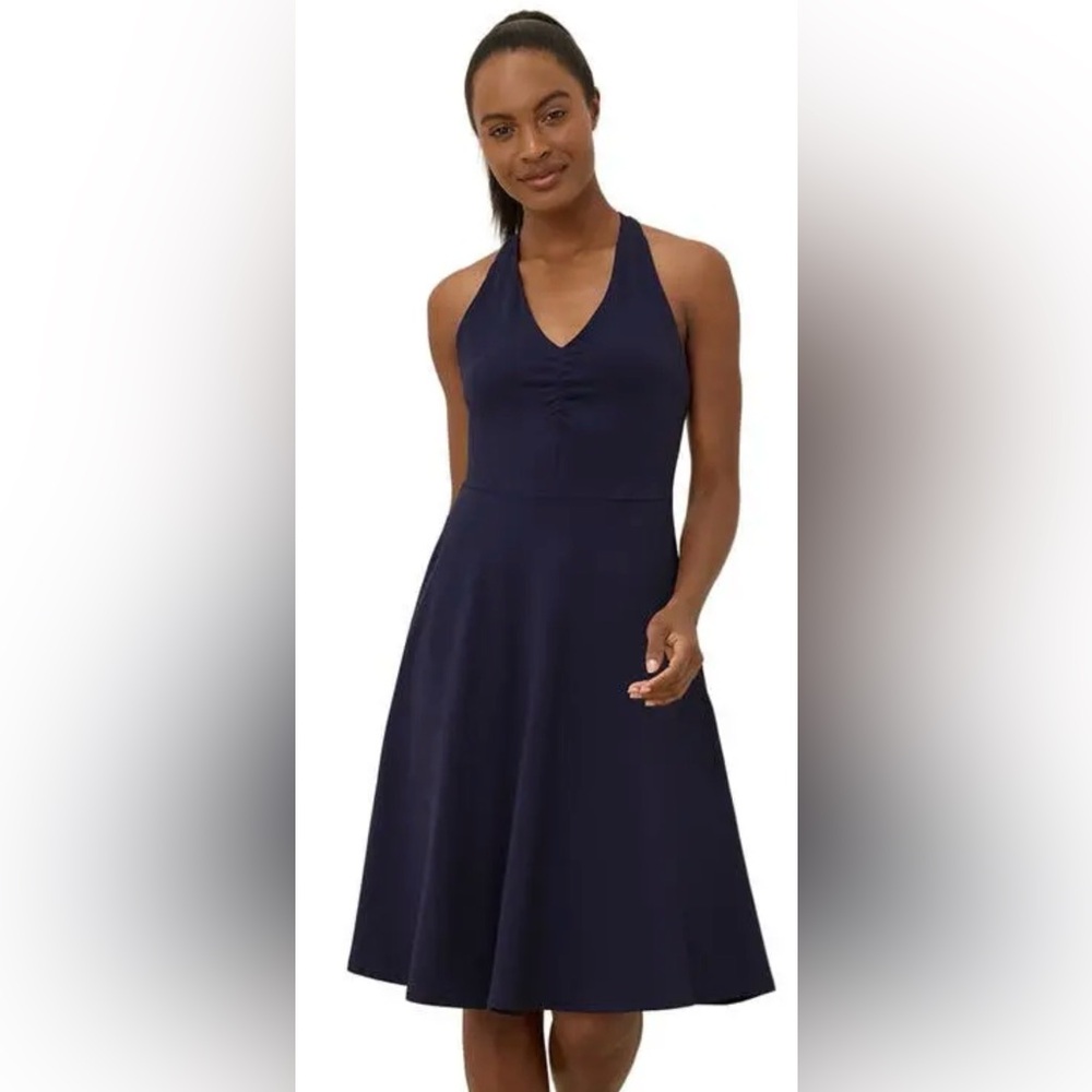 Pact Organic Cotton Blend Fit & Flare Gathered Halter Dress,Size-XS,Color-Navy